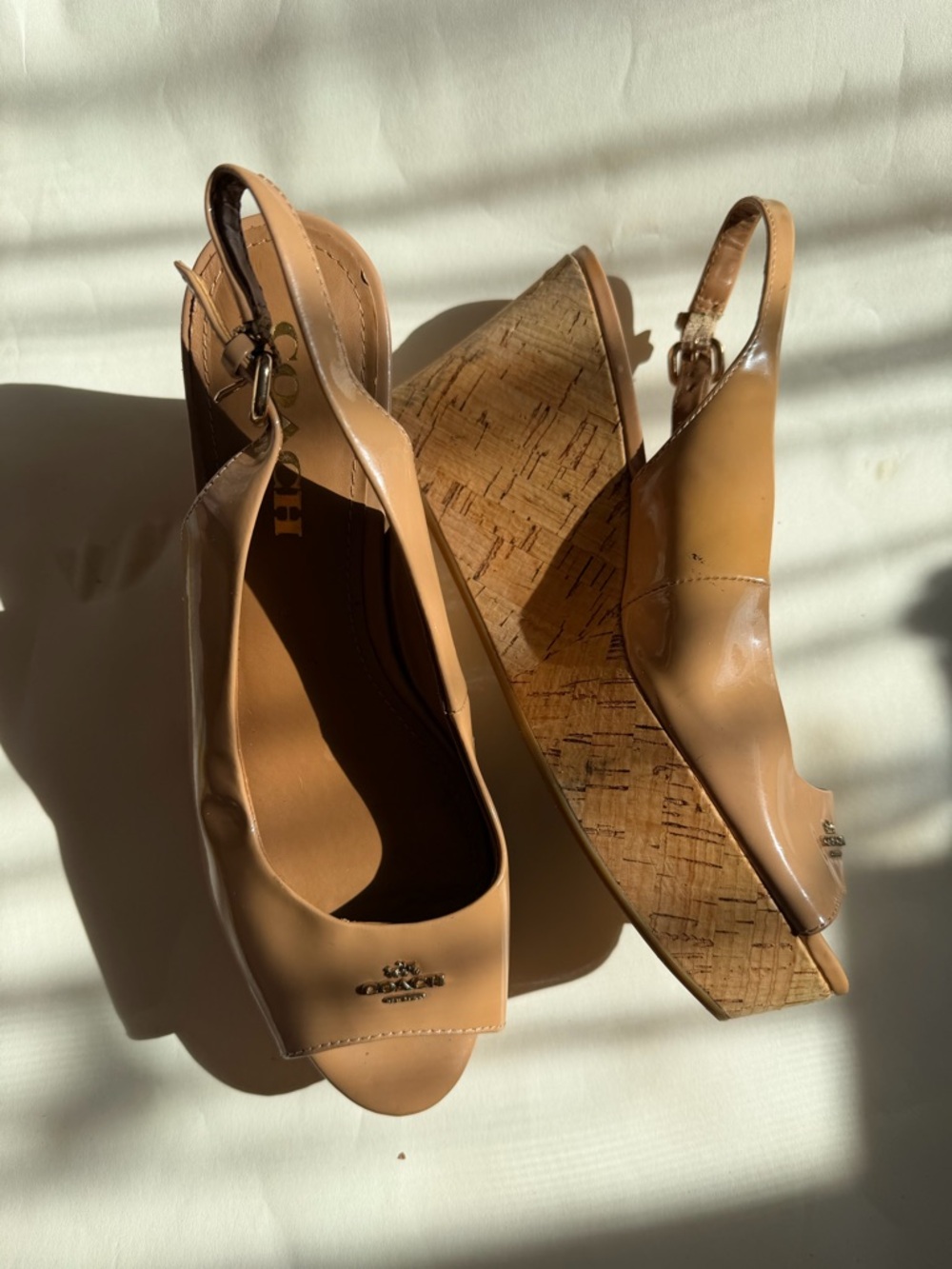 Coach Nude/Tan Peep-Toe Leather wedges with Logo Accent - Picture 5 of 10